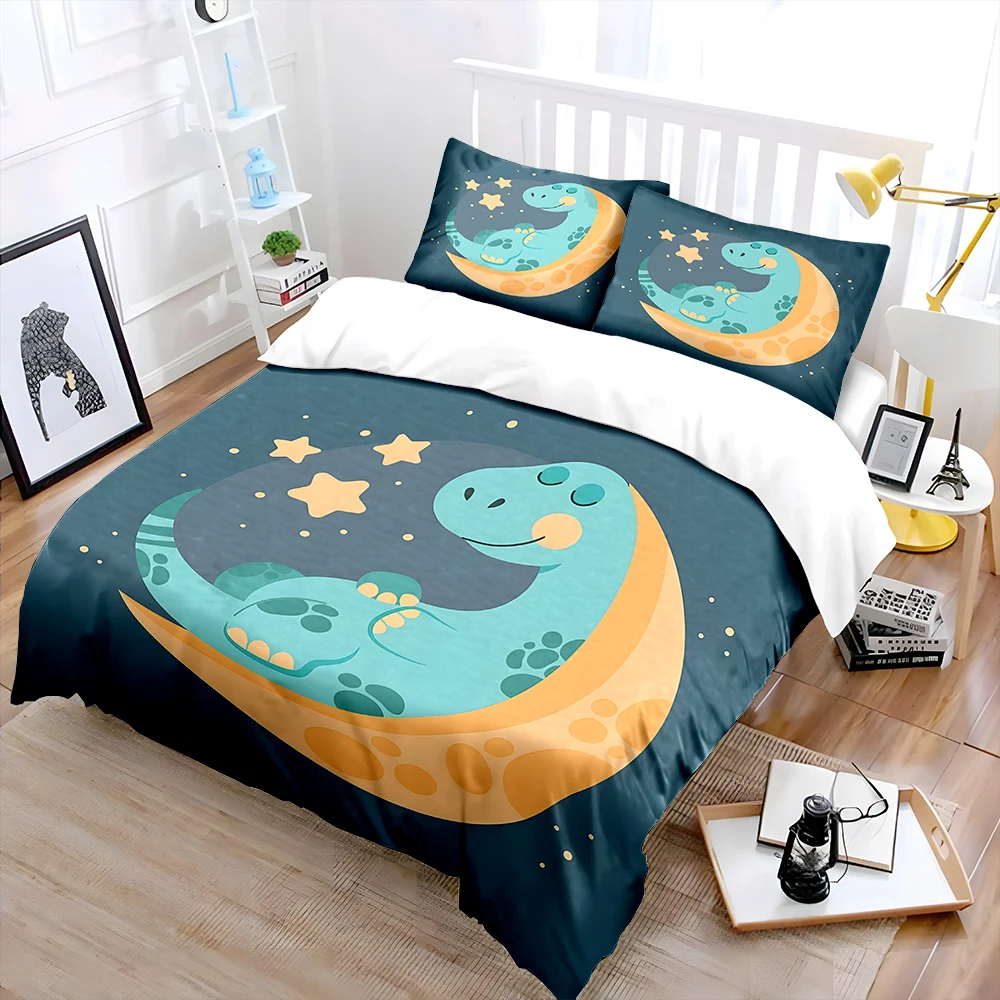 Cartoon dinosaurs are sleeping soundly on the moon Pattern Duvet Cover Set Digital Print Polyester Bedding with Zipper Closur