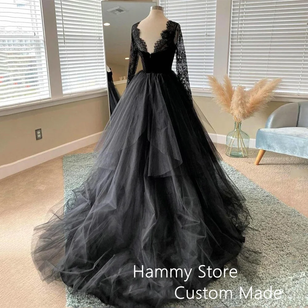 Custom Black Wedding Dress Sweetheart Lace Long Sleeves Velvet Tull A Line Gothic Bridal Gown for Woman Bride Sweep Train