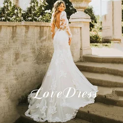 LoveDress V-Neck Wedding Dress Long Sleeve Lace Appliques Sexy Mermaid Bride Gown Illusion Backless Train Vestido Customized