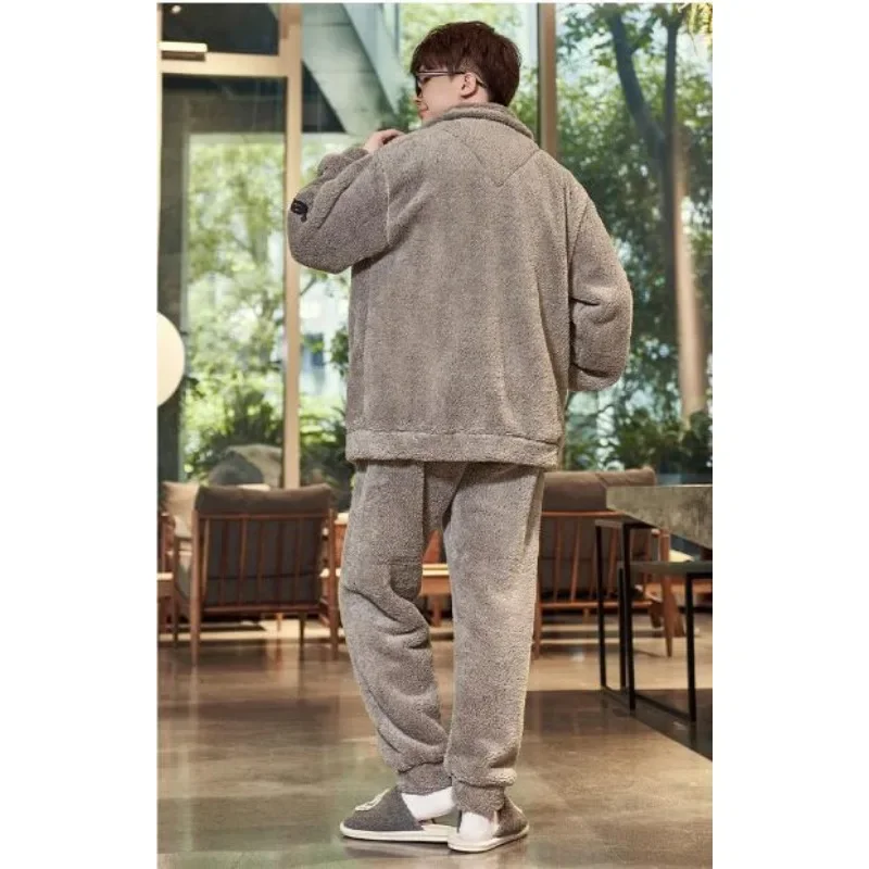 2023 New Young Students Homewear Suit Men Pajamas Coral Velvet Thickened Velvet Loungewear Loose Zipper Autumn Winter Sleepwear