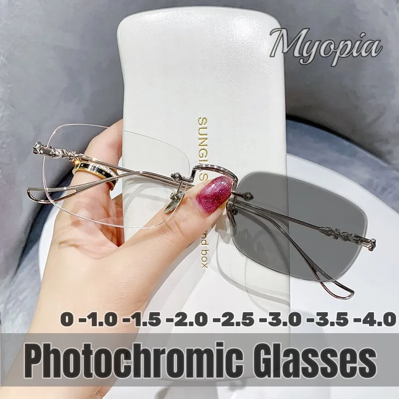 

Luxury Photochromic Myopia Glasses Vintage Rimless Square Women Men Antiblue Light UV Finished Optical Nearsight Eyewear Diopter