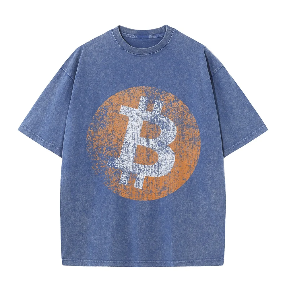 Vintage Distressed Bitcoin Logo Design Retro Crypto Money T-Shirt Camisetas De Hombre Algodón Мужская Men Shirt Short Sleeve