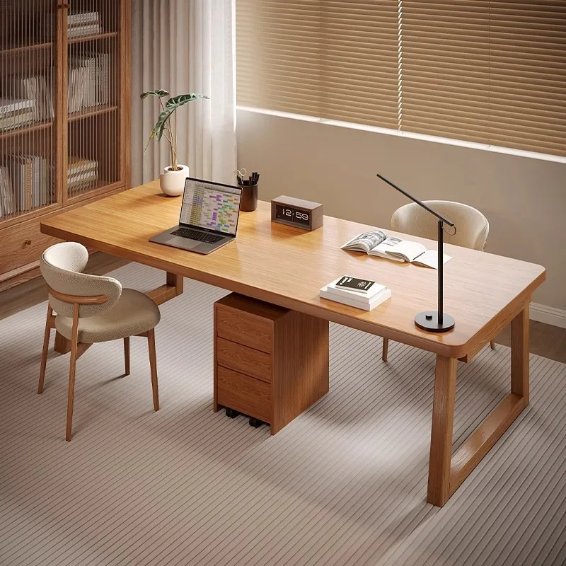 Double solid wood desk, study table, bookcase integrated, home to living room, large table, office computer table, workbench