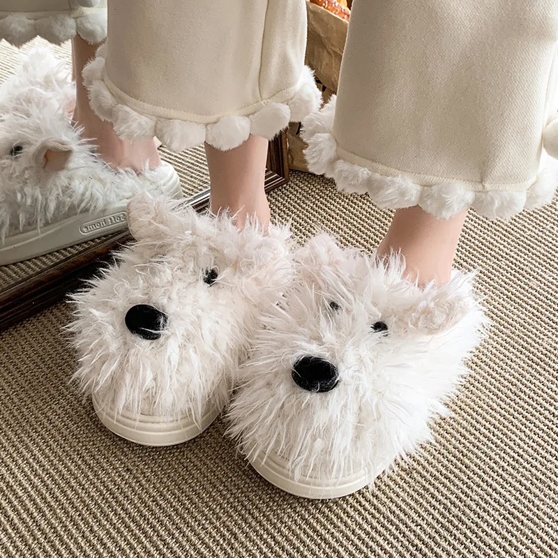 

New Winter Plush Slippers Women's Cartoon Dog Plush Cotton Shoes Fashion Indoor Warm Home Slippers Non-slip Casual Cotton Shoes