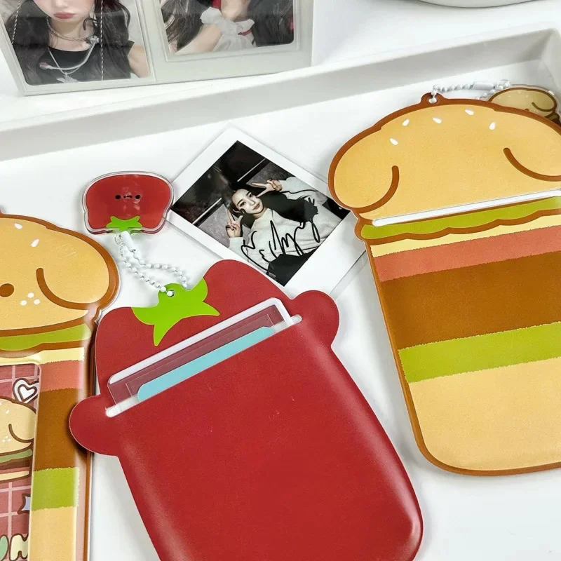 Kpop Photo Card Holder Cute Cartoon Burger Dog Tomato Cat Design PVC Protective Sleeve With Chain For Backpack Bag Decoration