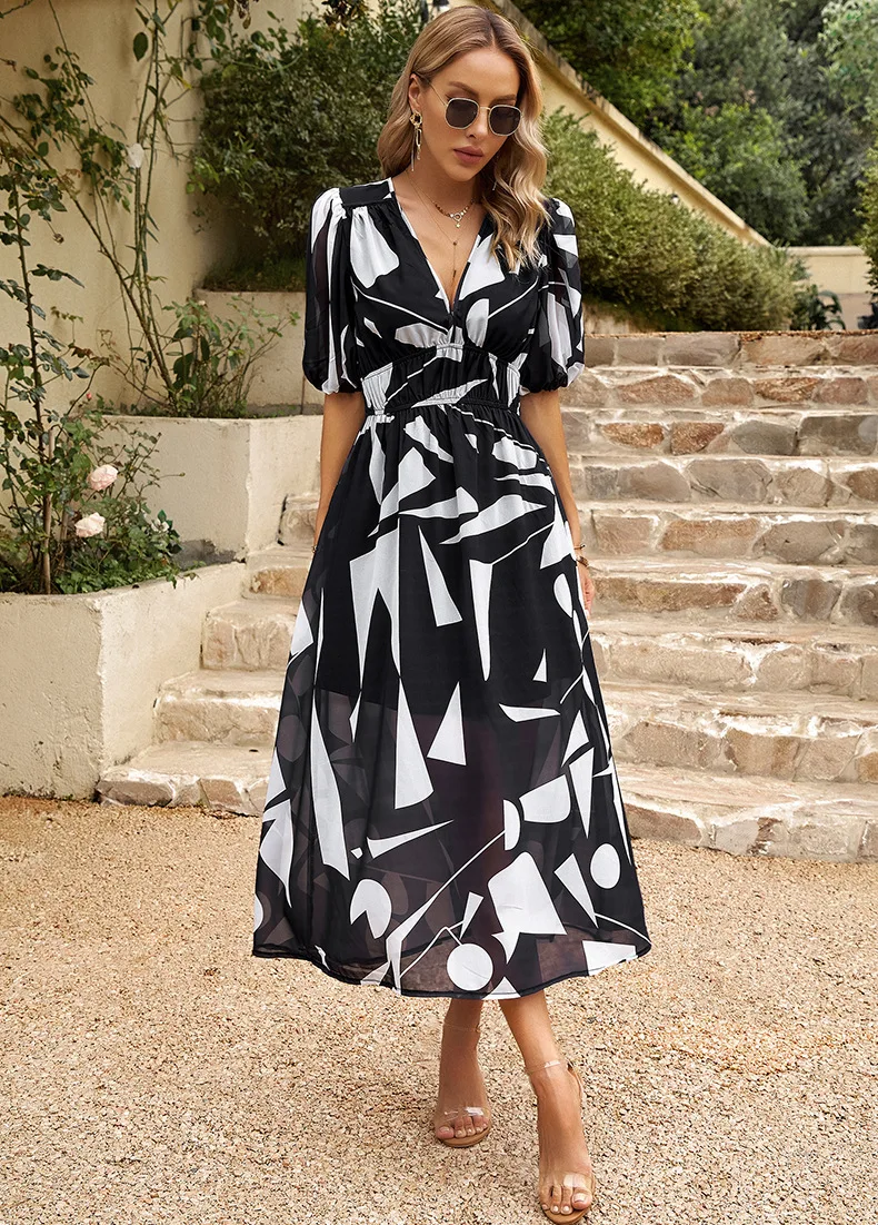

Summer 2025 Deep V-Neck Printed Dress Waist Temperament Europe And US Cross-Border Style for Foreign Trade