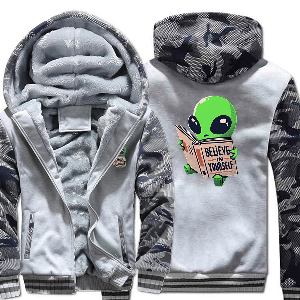 

Alien Reading A Book Believe In Yourself Print Jacket Men Loose Vintage Sweatshirt Warm Casual Thick Coat Zip Windproof Clothes