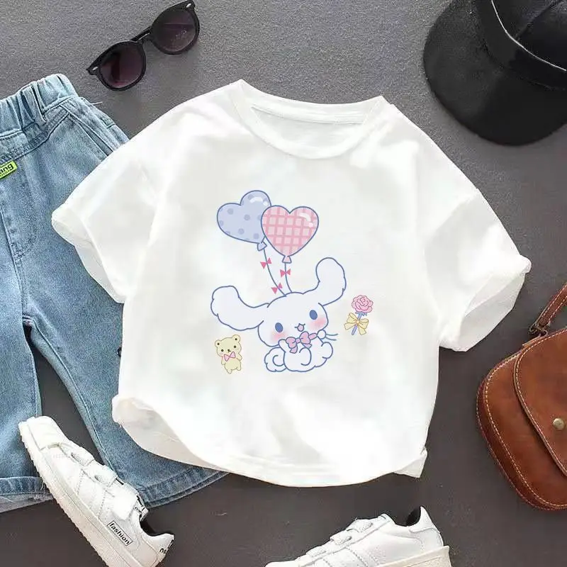 Sanrioed-Camiseta de manga corta de algodón Cinnamoroll para niños y niñas, Kuromi bonita camiseta de dibujos animados, Tops de verano, ropa para niños, regalo absorbente de sudor