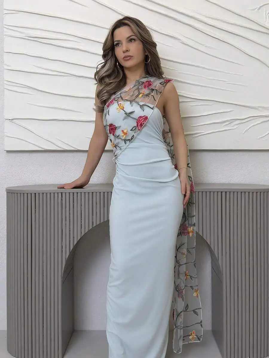 

Light Blue Floor-Length Sleeveless Dress With Sheer Floral Embroidery Overlay For Women