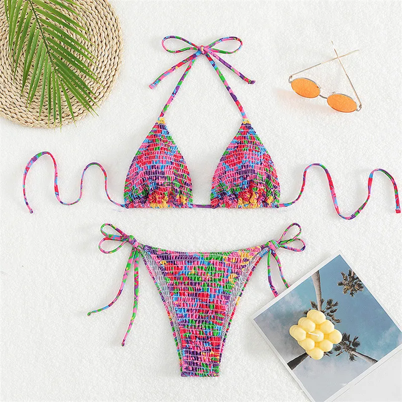 Bikini Set Sexy Bloemenprint Badmode Met Ruches Micro Thong Bikini 'S 2024 Mujer String Halter Badpak Vrouwen Badpak Biquinis