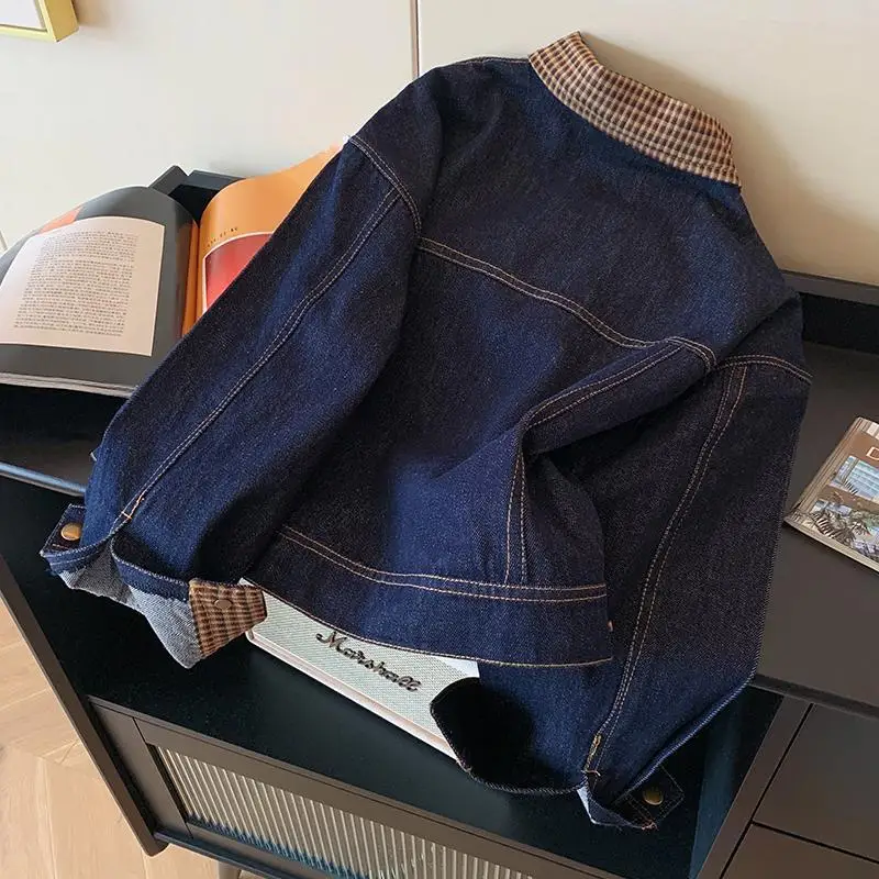 Retro plaid splicing lapel denim short jacket women's autumn 2025 new American casual simple versatile top