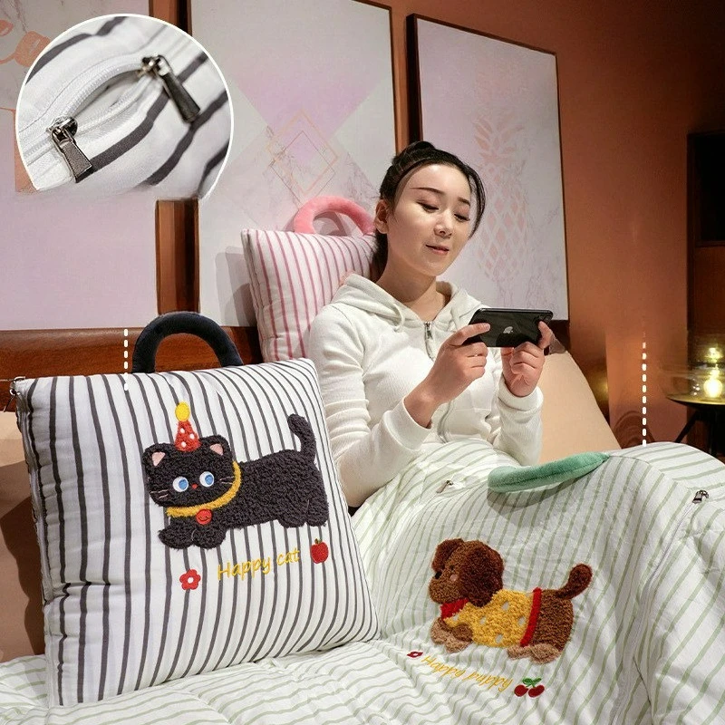 Cartoon Striped Pillow Blanket 2-in-1 Air Conditioner Quilt for Car Soft Breathable Multi-Use Nap Blanket Women Gift - view 4
