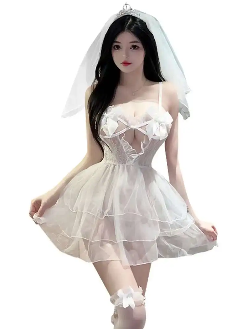Vrouwelijke sexy bruid gewaad trouwjurk uniform hete jurk elegante mesh kant sexy Koreaanse vrouwen zoete pure transparante 2024 nieuwe 2P41