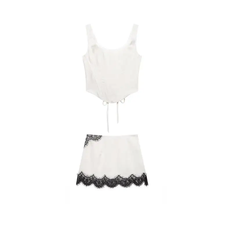 Maxdutti Southern French Elegant Fashion Versatile Strap Fishbone Shirt Tank Top Lace Mini Skirt Set Woman Clothes Women's Suit