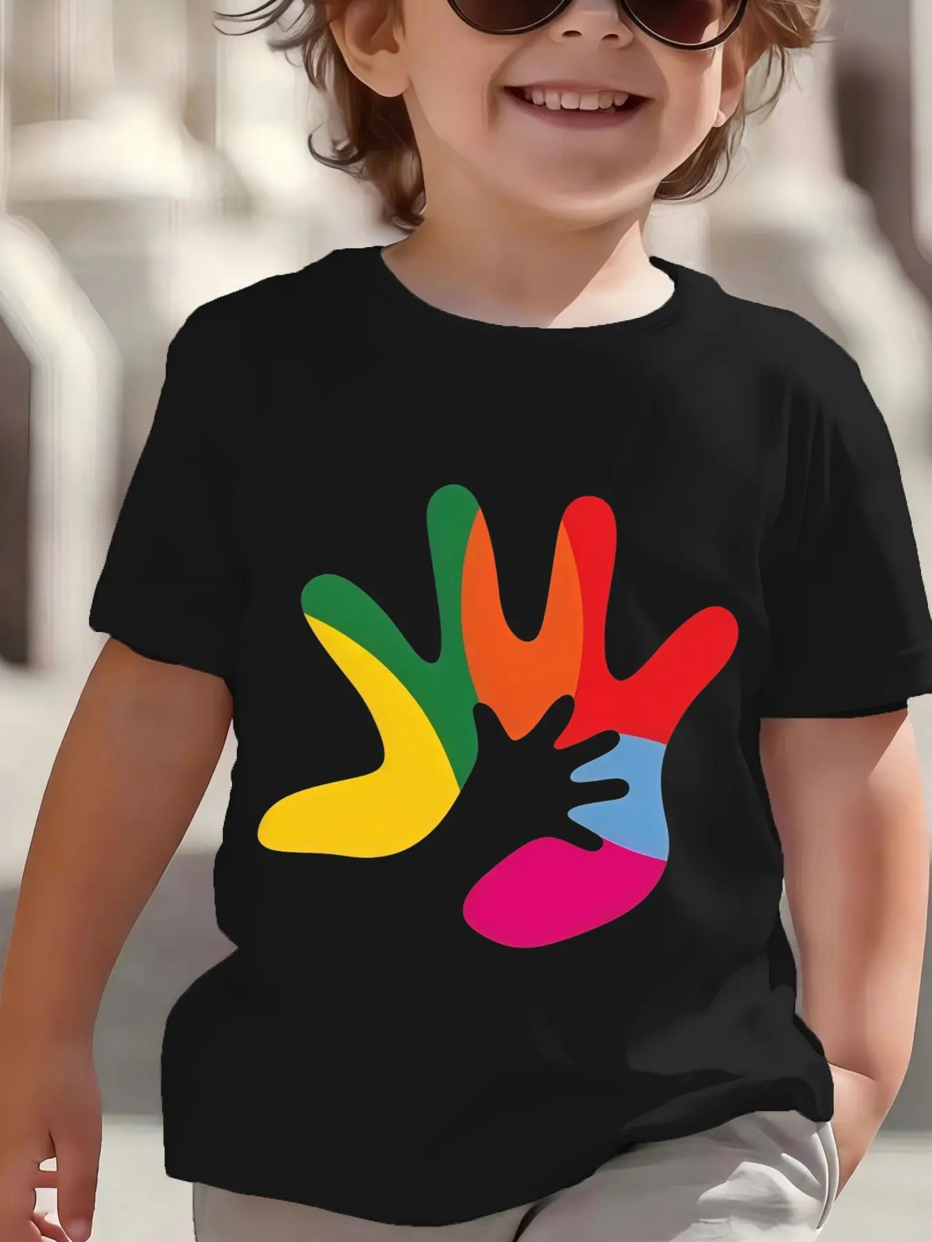 Kids Boys Girls Family Matching T Shirt Colorful Hand Print Short Sleeve Crew Neck Soft Casual Parent Child Daily Party Wear Tee