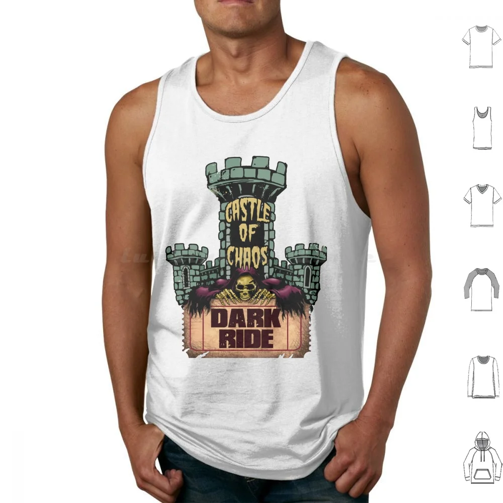 Camisetas sin mangas del castillo del caos, parque temático de algodón estampado, parque de rodillos, ciudad fantasma, Boysenberry, California, Calico, condado de naranja