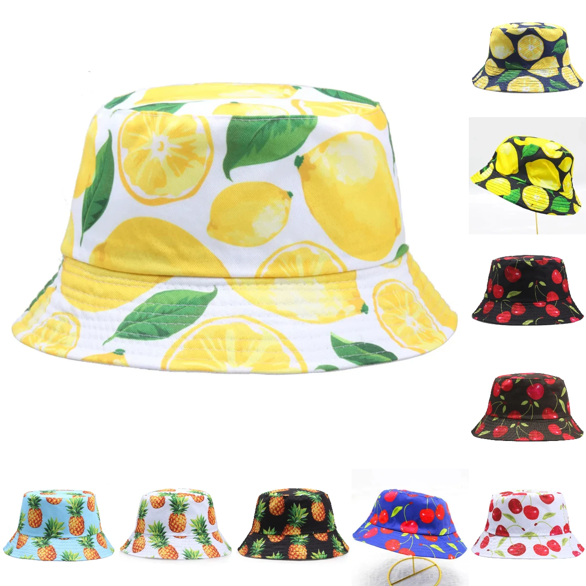 Lemon Pineapple Cherry Printed Bucket Hats Sun Panama Caps For Women Men Girls Beach Fishing Cotton Fruits Fisherman Hat