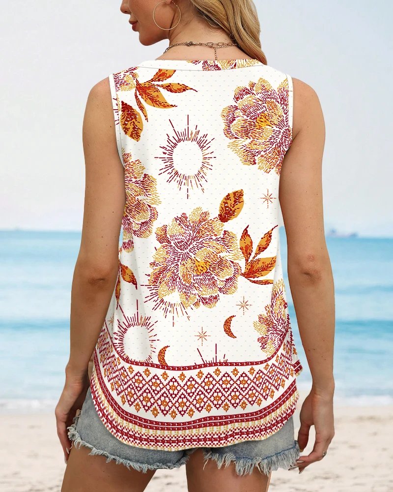 Women's sleeveless printed V-neck loose top, fashionable and casual, new women's clothing for summer 2025