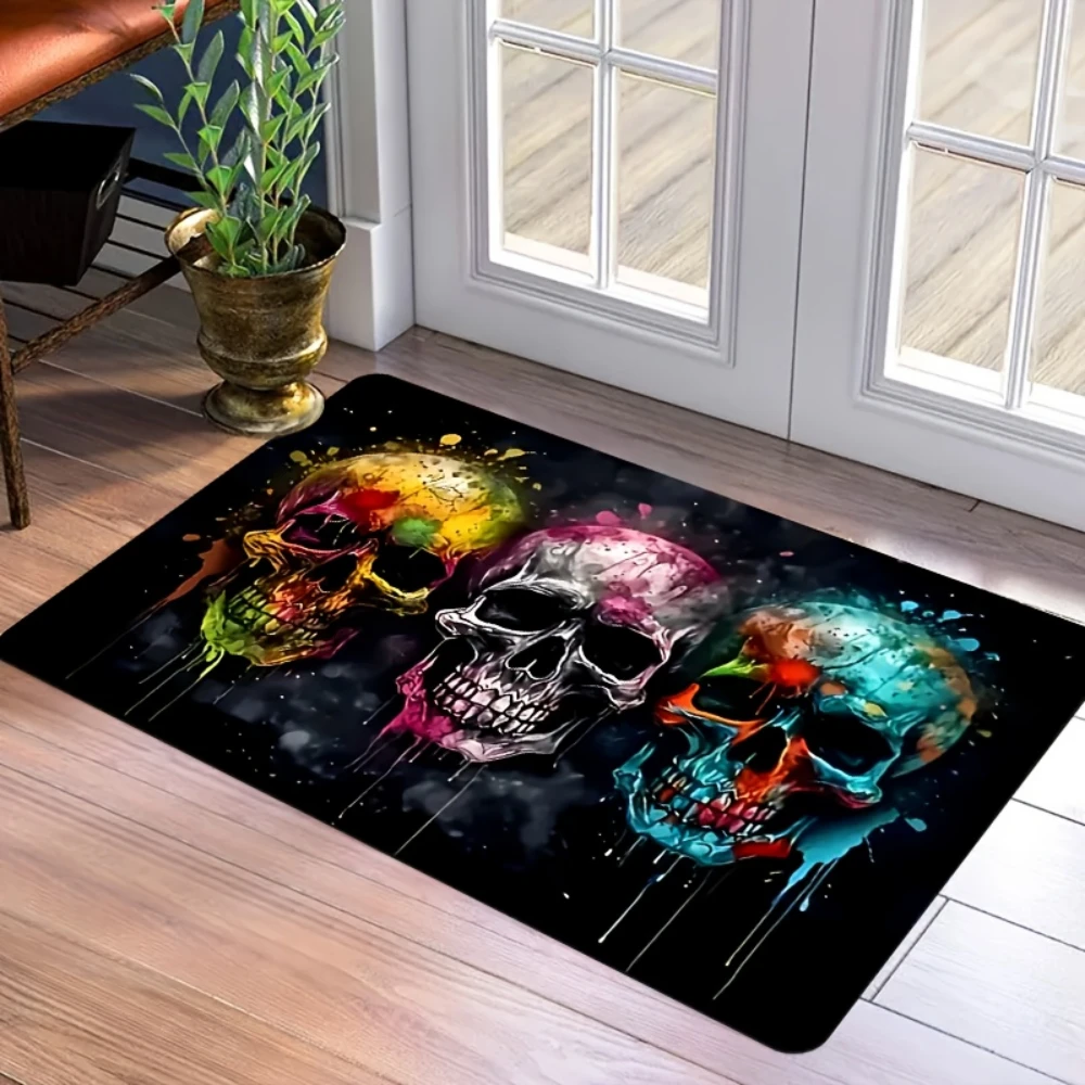 Watercolor Three Skulls Graphics Doormat entry front door indoor living space home decor Halloween Party Decor Rug