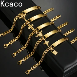 Kcaco Engrave Name Cross Heart Bracelet Stainless Steel For Men Women Adjustable Cuban Chain Personalized Jewelry Gift