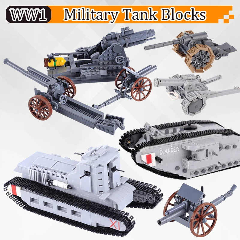 WW1 Military Tank Building Blocks Army Cannon Howitzer Artillery Italian British German Field Gun Soldier Gunner Bricks Toy Gift