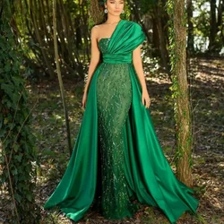 Elegant Green Sequined Evening Dresses Mermaid One Shoulder Arabic Gowns Wedding Guests Dress Vestidos De Noche