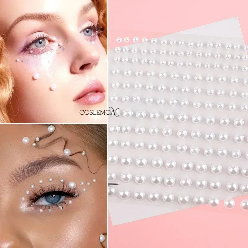 165pcs Acrylic Pearl Crystal Diamond Face Sticker Mix 3/4/5/6mm Milk White Spots Self Adhesive Stickers for Hair Face Makeup