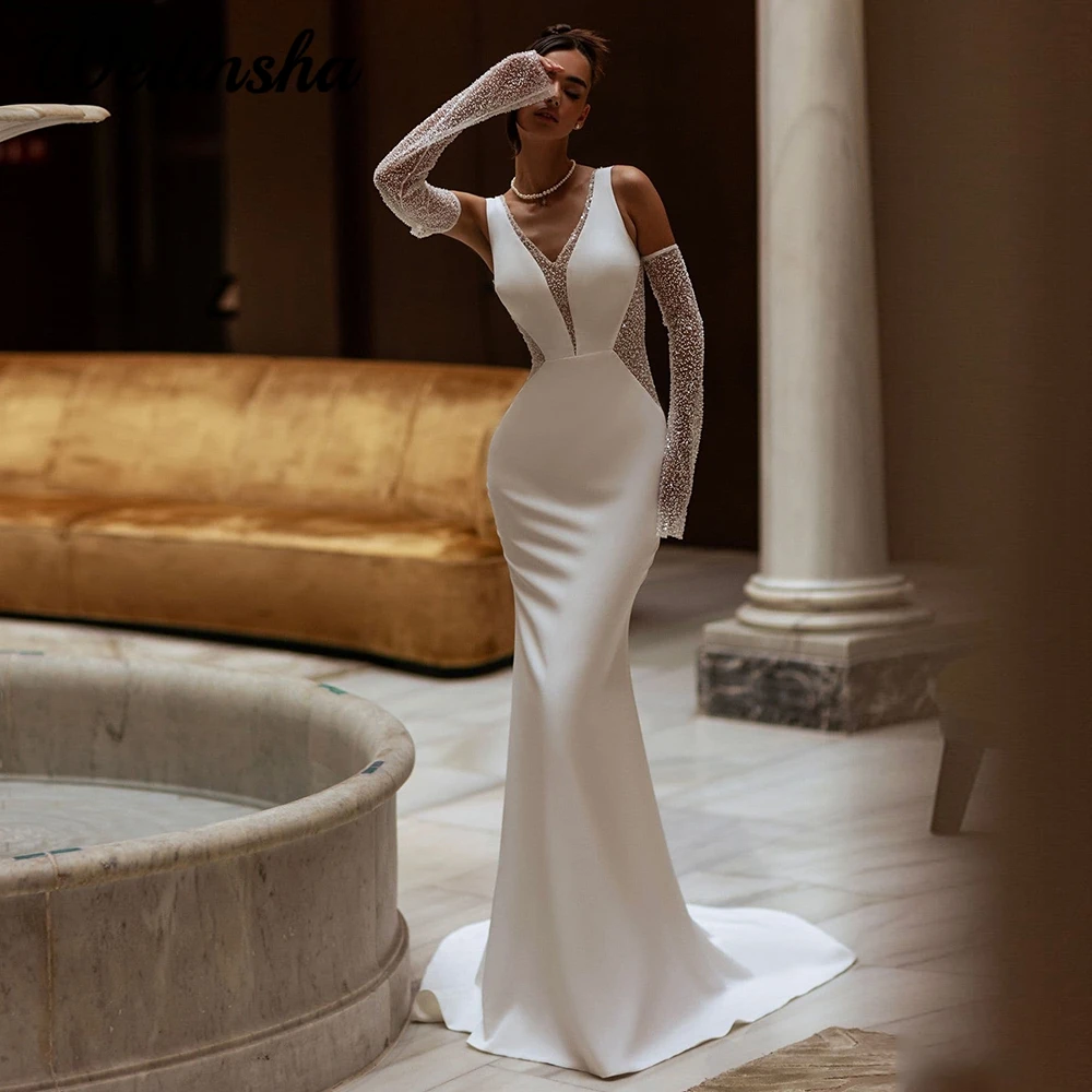 Satin Wedding Dress for Brides 2024 Modern Mermaid V Neck Detachable Sleeves Court Train Bridal Gowns with Button Back Custom