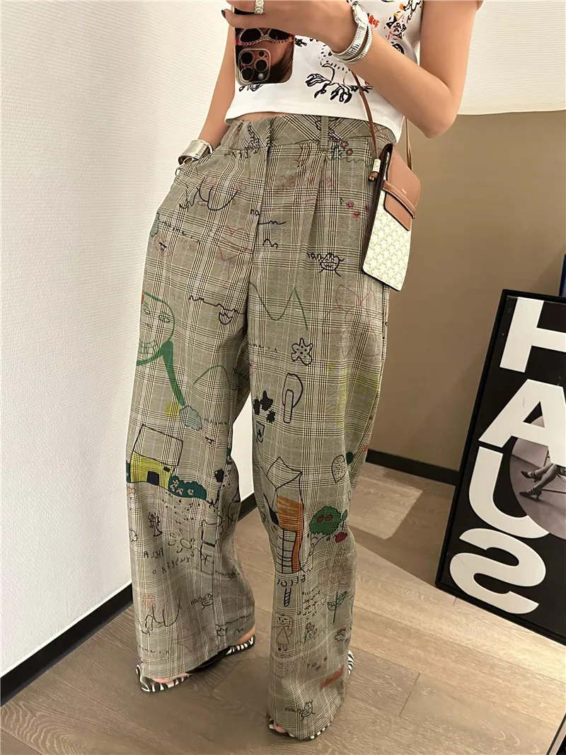 Fashionable Graffiti Printed Casual Pants for Women 2024 Spring Clothes New High Waist Loose Plaid Wide Leg Mopping Pants