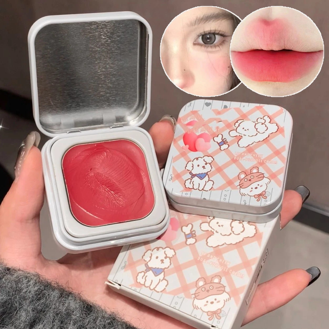 

Multi-function Blush Cream Natural Cheek Face Rouge Cute Iron Box Blusher Mud High Color Rendering Smooth Brightening Skin Tone