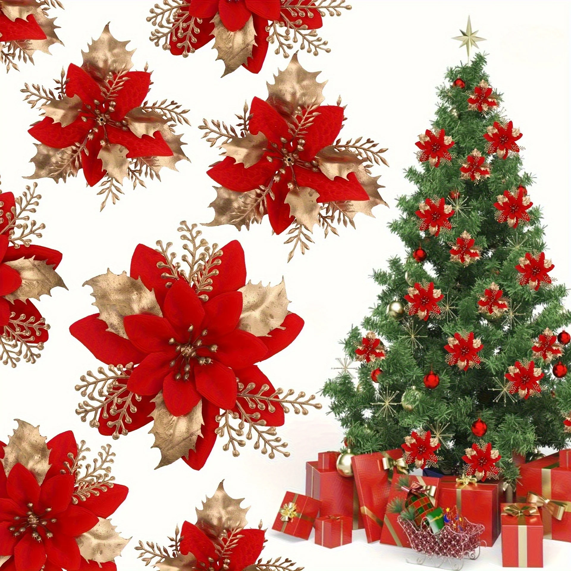 20 Stück Weihnachtsdekorationen, bunte Zucker-Weihnachtssterne-Clips, rote Blumen, goldene Akzente, Kunststoff, Urlaubsdekoration, wiederverwendbar, leicht