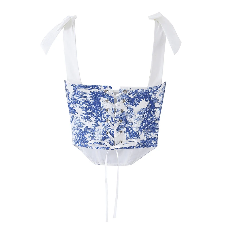YENKYE Vintage Print Corset Top Women Bow Tie Strap Lacing Up Back Crop Top Romantic French Style Summer Tank Tops