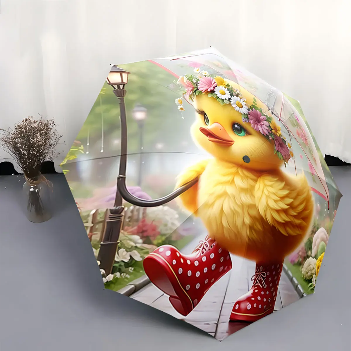 Cute Yellow Duck With Flower Crown Holding Clear Umbrella portable waterproof sun rain umbrella for outdoor travel beach