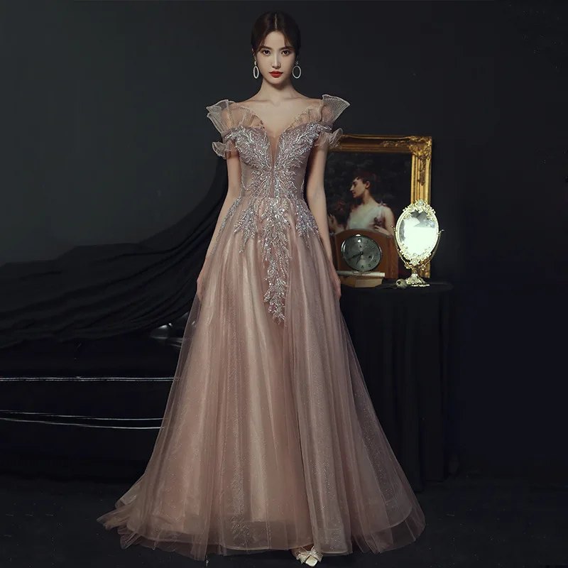 Fairy Dreamy Mesh Off Shoulder Celebrity Banquet Dress Cheongsam Female Formal Evening Party Dress Elegant Applique Maxi Dress