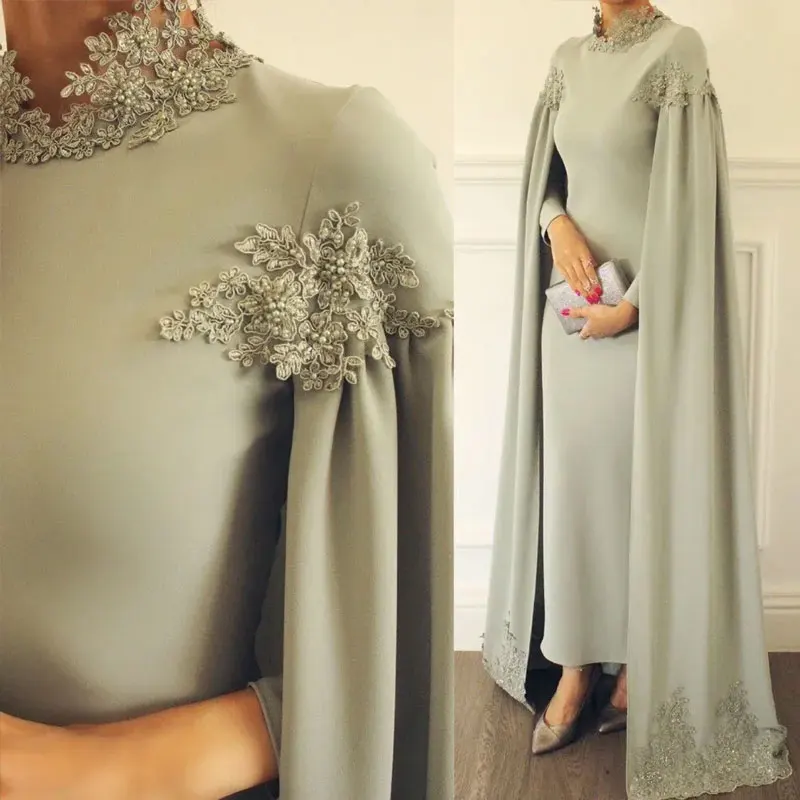 사우디 하이넥 새틴 여성 무슬림 이브닝 드레스, 무도회 가운, 구슬 장식 우아한 긴 소매, 포멀 이브닝 가운