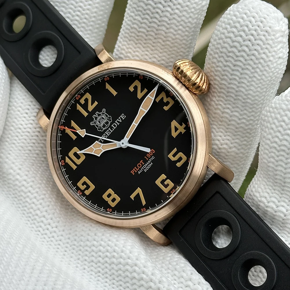 STEELDIVE Men Pilot Watch 46.5mm Bronze Automatic Mechanical Wristwatch Dive 20ATM Waterproof C3 Lume Sapphire NH35 Onion Crown