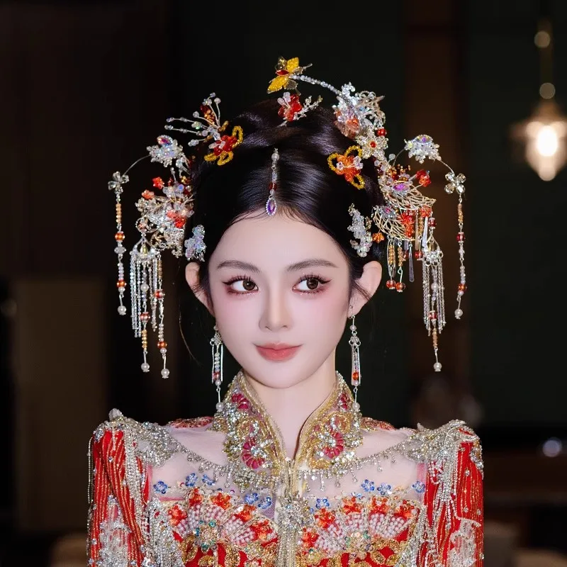 

Свадебный головной убор, милая одежда Xiuhe, набор заколок для волос, древний китайский стиль, ханьфу, ретро, свадебный головной убор ручной работы, аксессуары