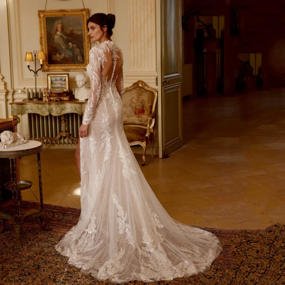 Boho Customized Illusion Back Lace Wedding Dresses Mermaid Bridal Gowns Jewel Neck Bride Robes High Slit Luxury vestido de novia