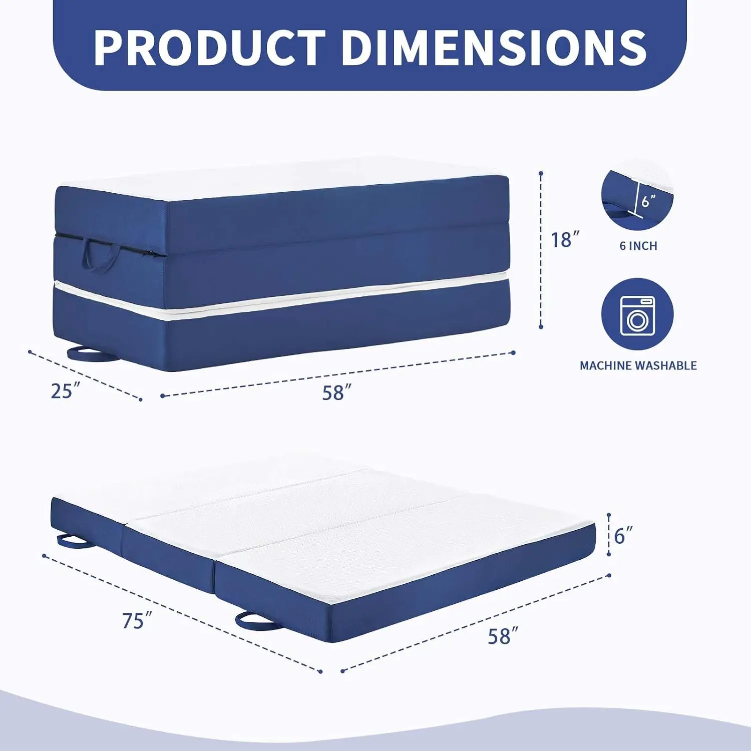 Folding Mattress Queen Size, Memory Foam 6 inch Tri Portable Trifold Mattress Futon Topper Queen with Breathable & Washable Cove