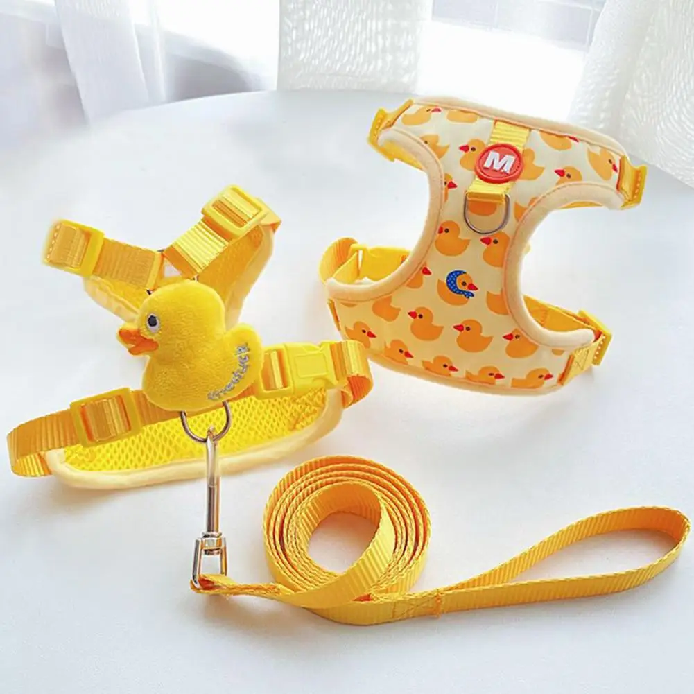 Easy to Wear Pet Harness Cartoon Yellow Duck Pet Vest Harness with Leash for Small Dogs Cats Adjustable Buckle No Pull