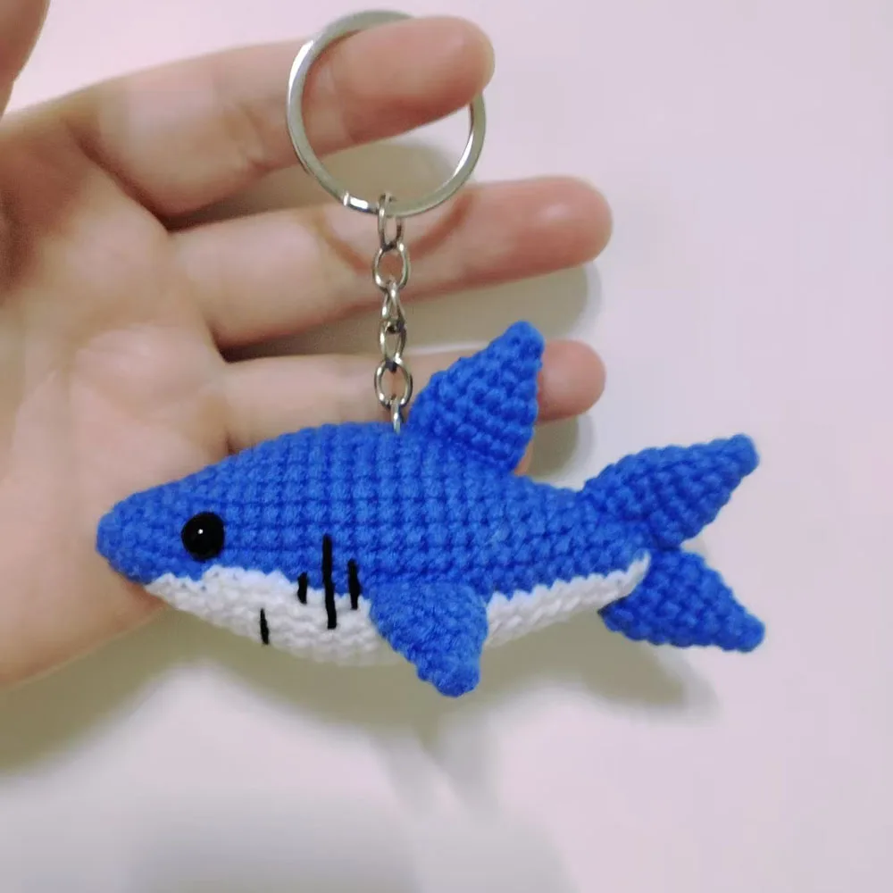 

7cm Crochet Handmade Blue Cute Baby Shark Pendant, Finished Crocheted Marine Animal Keychain, Knitted Animation Bag Pendant