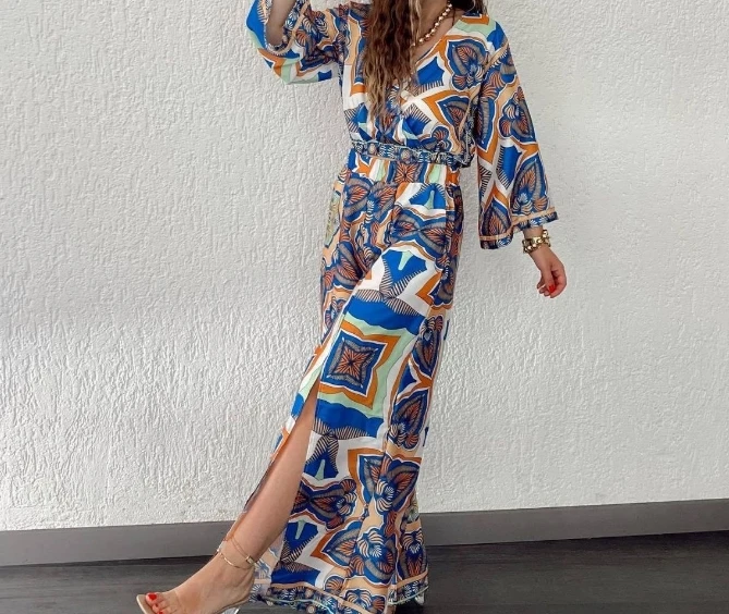 Fashion Multi-Color Positioning Printed V-Neck Loose Long Sleeved Top with High Waist Split Design Wide Leg Pants Two-Piece Set