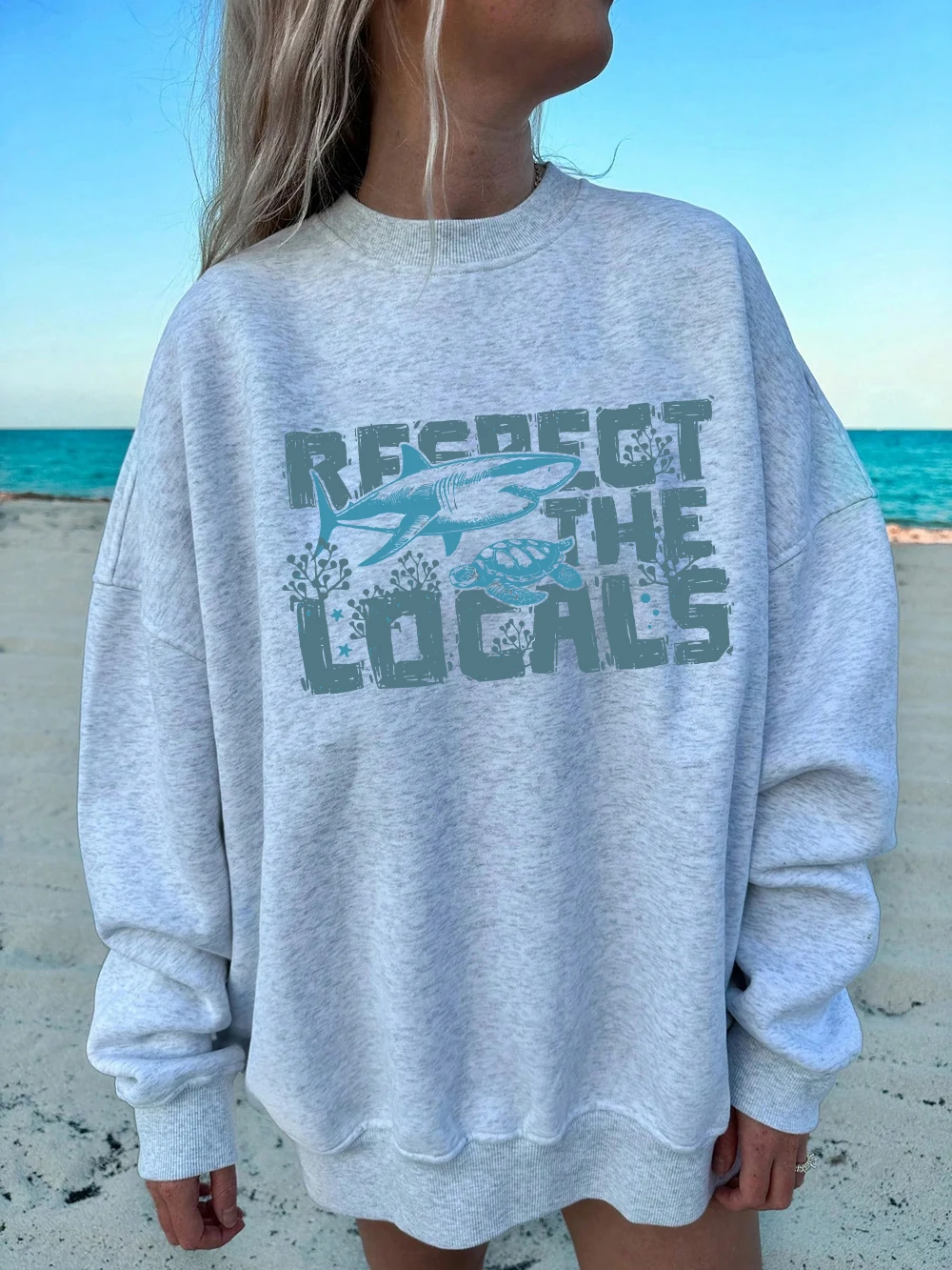 Sudadera con estampado de protege los locales para mujer, sudaderas deportivas con cuello redondo, Jersey cálido de lana holgado, ropa cómoda de invierno para mujer