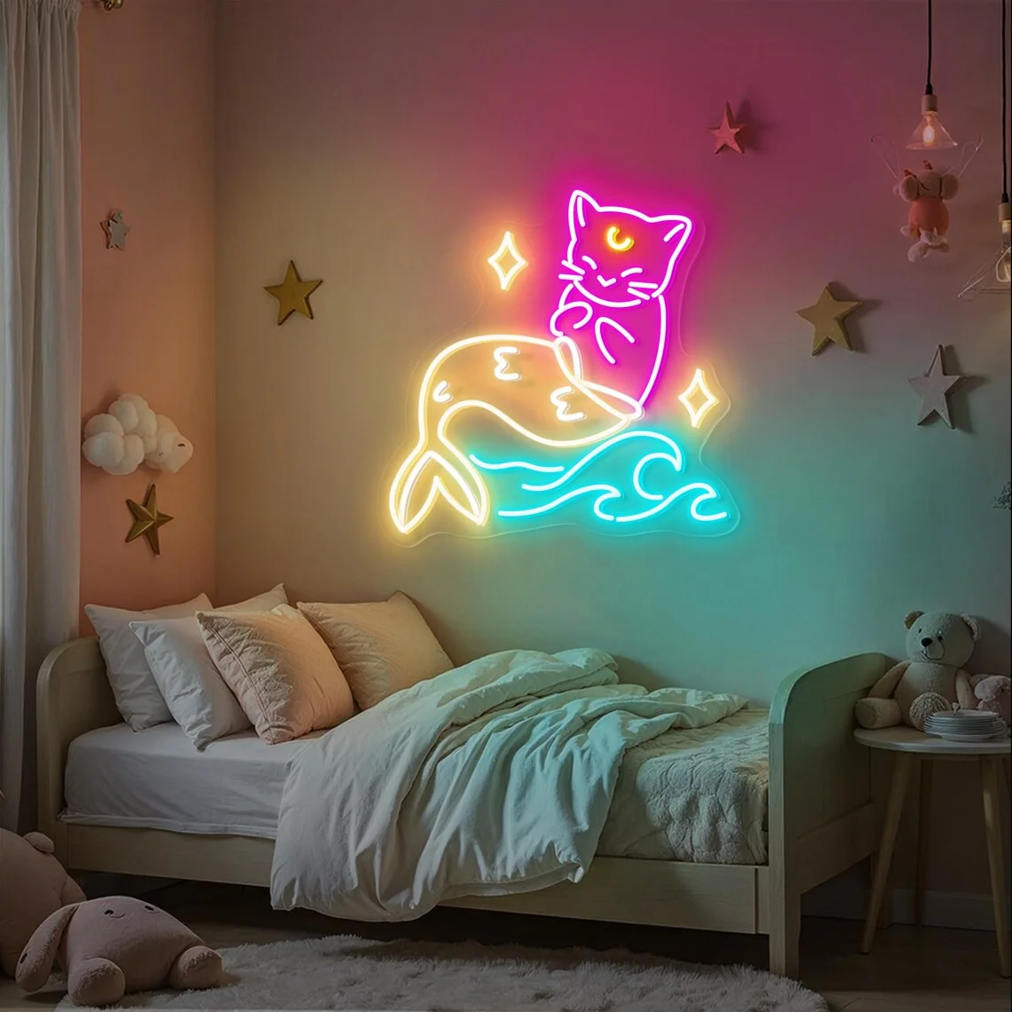 

Mermaid Neon Sign Kawaii Cat Art Neon Cute Fantasy Wall Decor Whimsical Ocean Themed Gift Kids Room Decor Art Sign