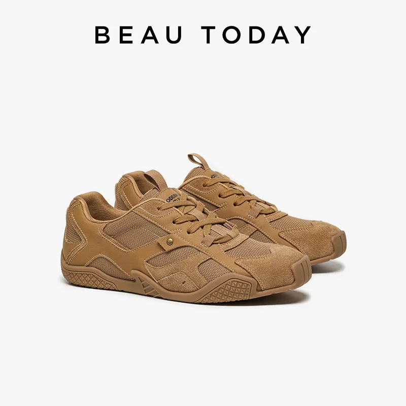 BEAUTODAY Casual Sneakers Men Cow Suede Leather Solid Color Metal Decoration Outdoor Trainers Lace-up Male Shoes Handmade 58183