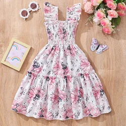 Elegant Floral Girl Dress Children Clothes Short Sleeved Summer Striped Fashionable KIds Girls Dresses 2 3 4 5 6 7 Yrs Old