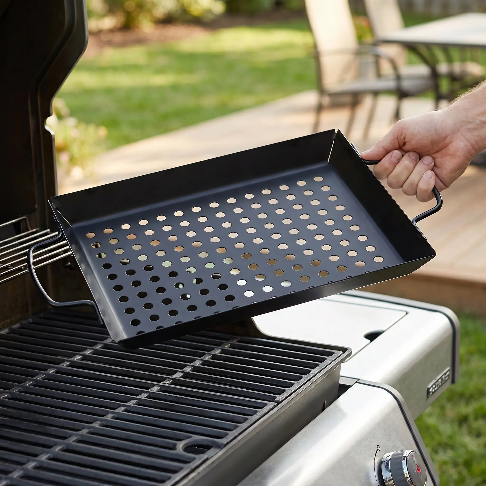 Household Bbq Grill Tray Non-Stick Griddle Plate Large Hole Design Movable Handle Compact Lightweight Barbecue Pan for Camping