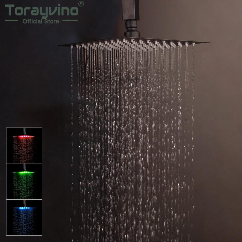 

Torayvino 8~16" LED Rainfall Shower Head Stainless Steel Ultra-thin Shower Heads Matte Black Finish Round & Square Rain Shower