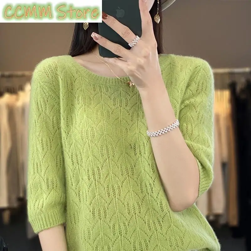 

Pullover Women's O-neck Pure Sweater Comfortable and Versatile Women's Knitted Thin Short Sleeve T-shirt Wool Sweater Hot