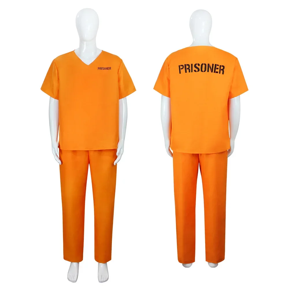 

Men Jail Black Convict Jailbird Outfit Halloween Cosplay Adult Inmate Orange Prisoner Uniform Holiday Party Carnival Costume